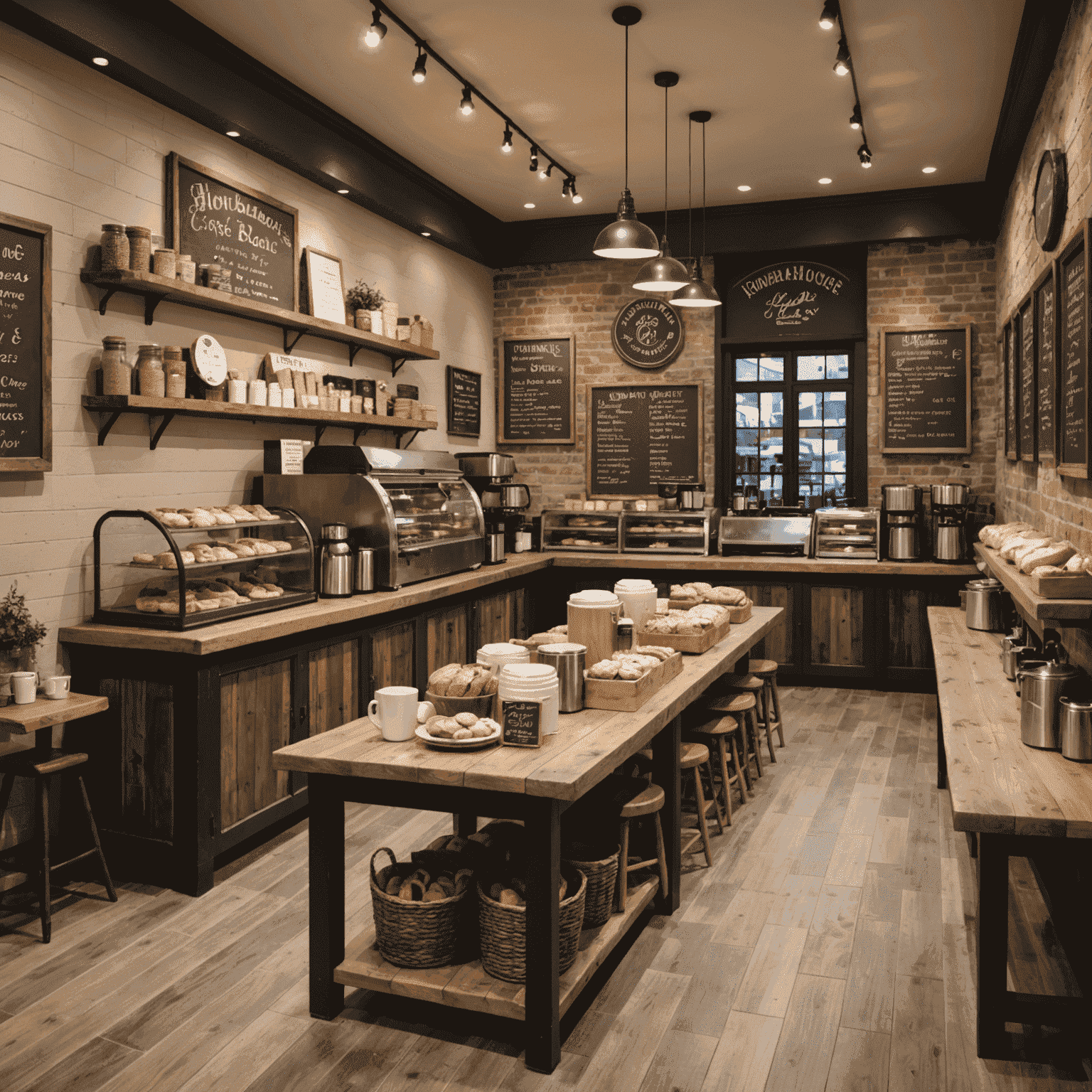 A warm and inviting interior of HomeBakeHouse coffee shop, featuring rustic wooden tables, comfortable seating, and a display of freshly baked goods