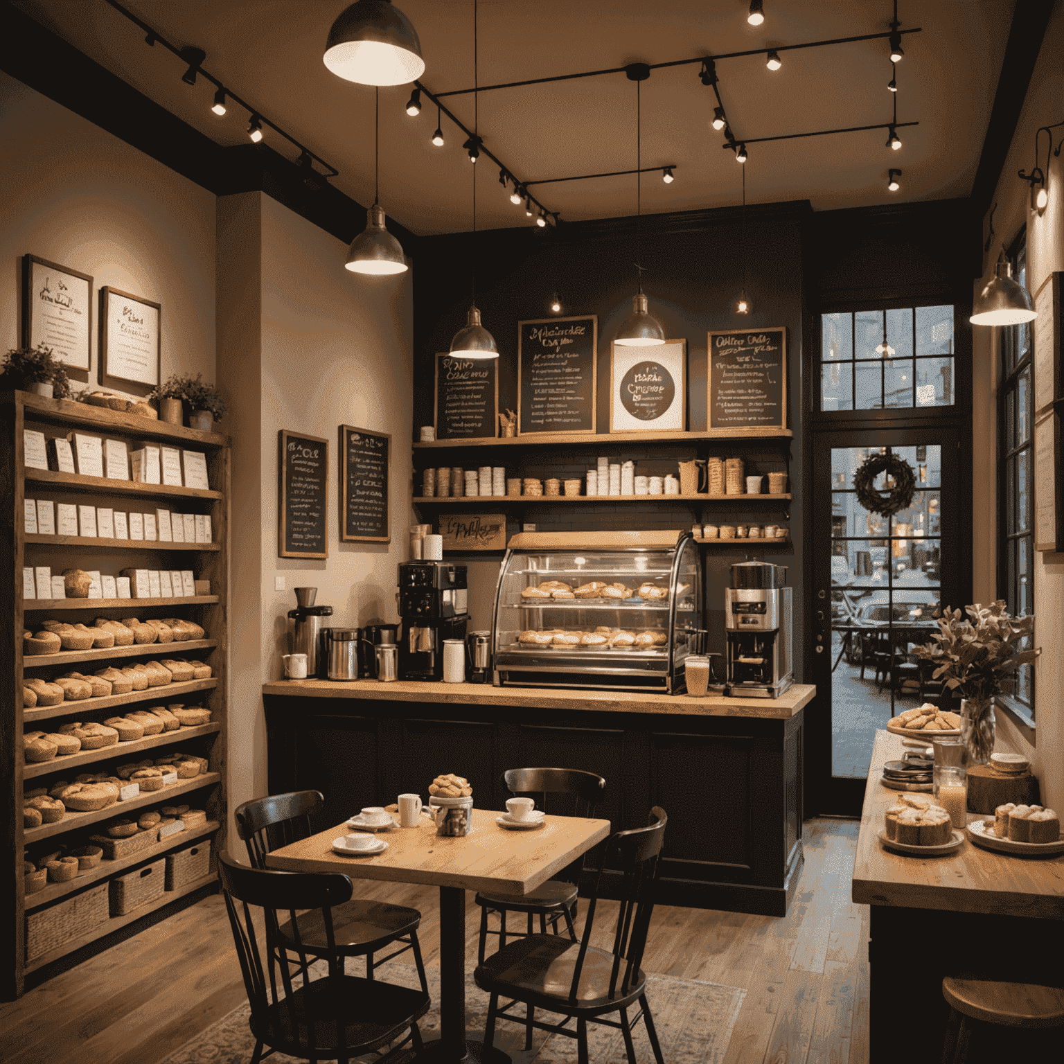 A cozy interior of HomeBakeHouse coffee shop, featuring warm lighting, comfortable seating, and a display of freshly baked goods