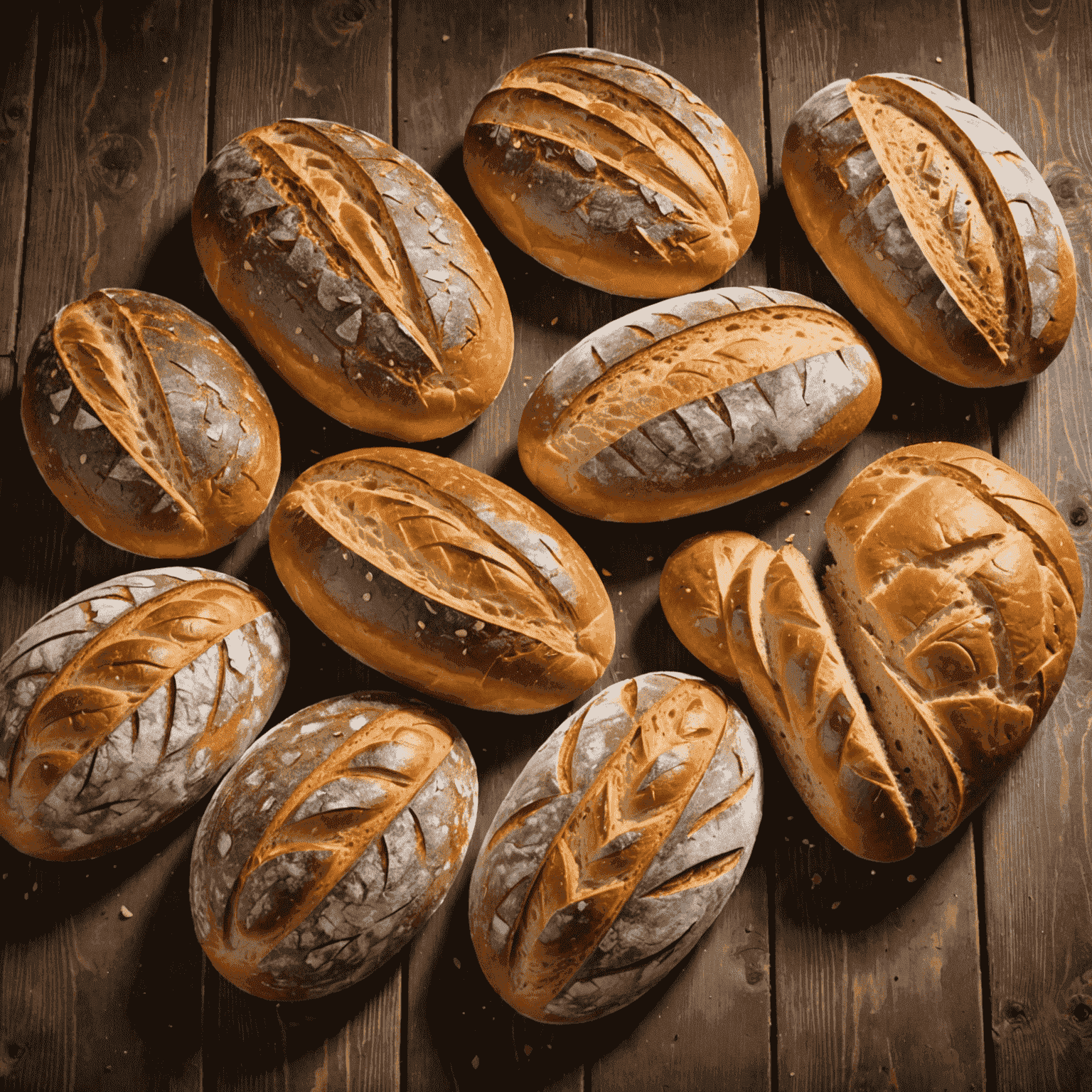 Various artisanal bread loaves freshly baked, showcasing different textures and shapes on a rustic wooden table