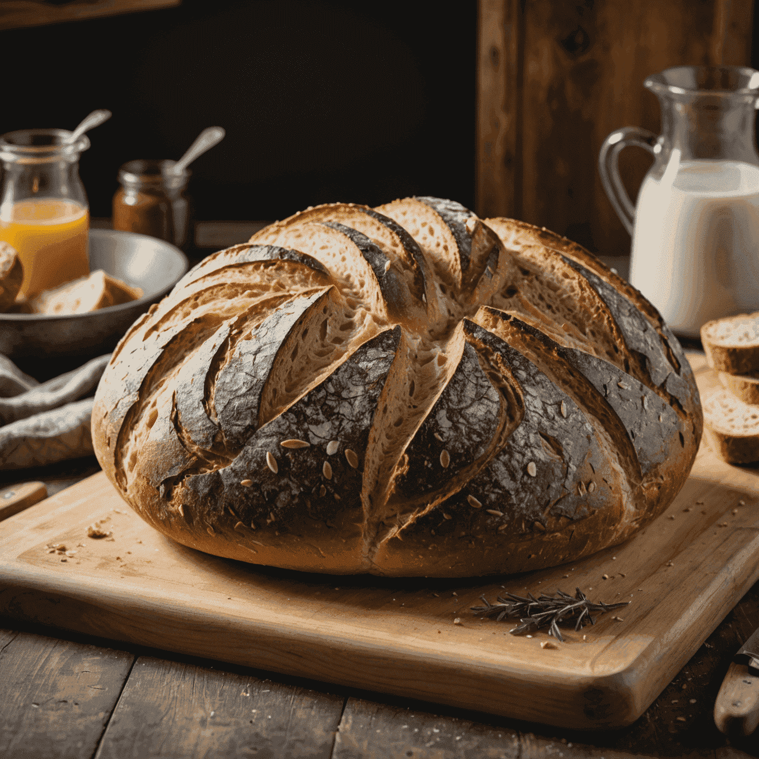 A beautifully crafted rustic sourdough loaf with a dark, crispy crust and visible air pockets, sitting on a wooden cutting board in a cozy kitchen setting