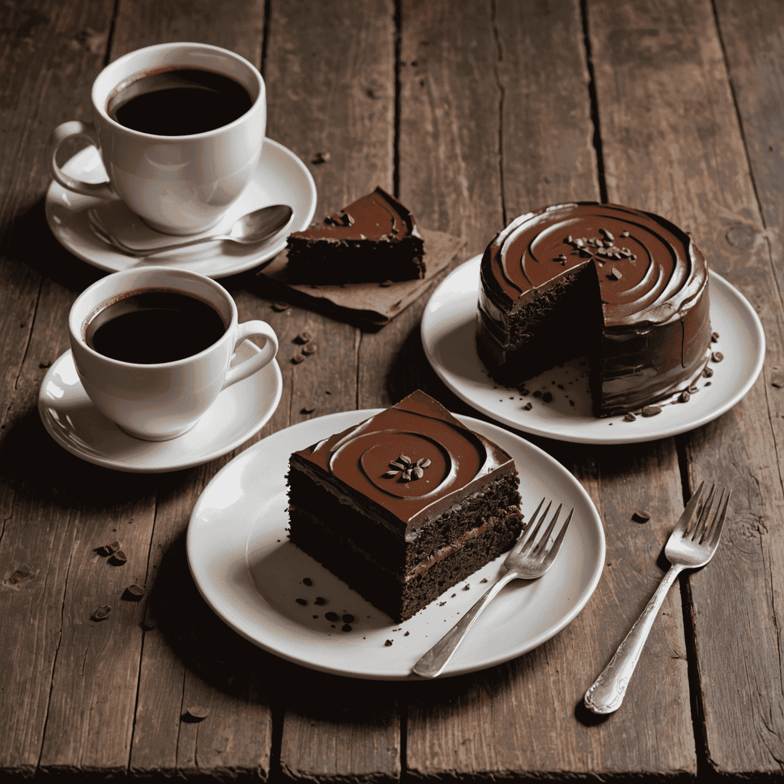 A cup of rich, dark roast coffee next to a slice of chocolate cake on a rustic wooden table