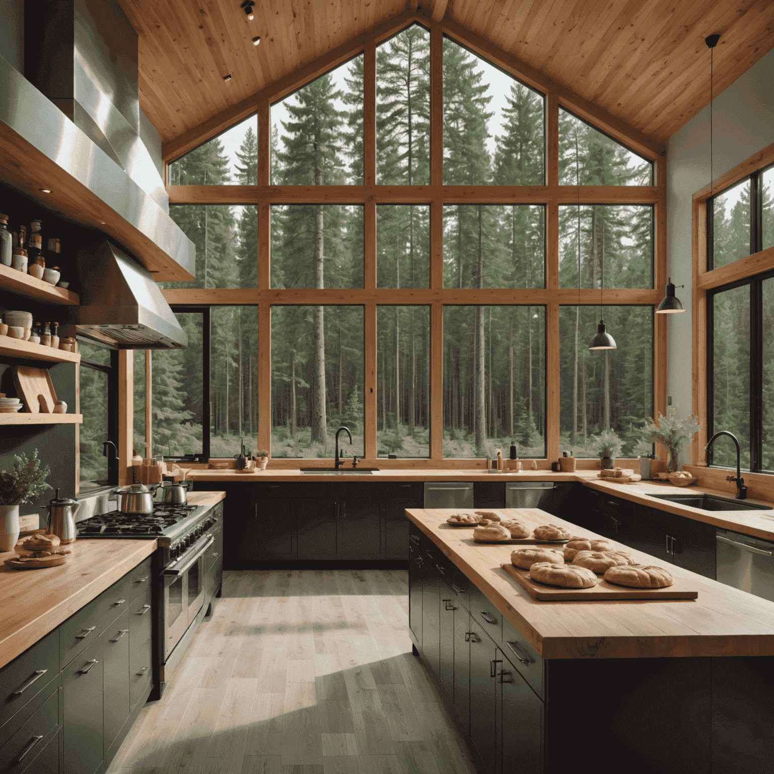 A spacious, modern kitchen with stainless steel appliances, wooden countertops, and large windows overlooking a Canadian forest. Chefs are preparing pastries and brewing coffee.