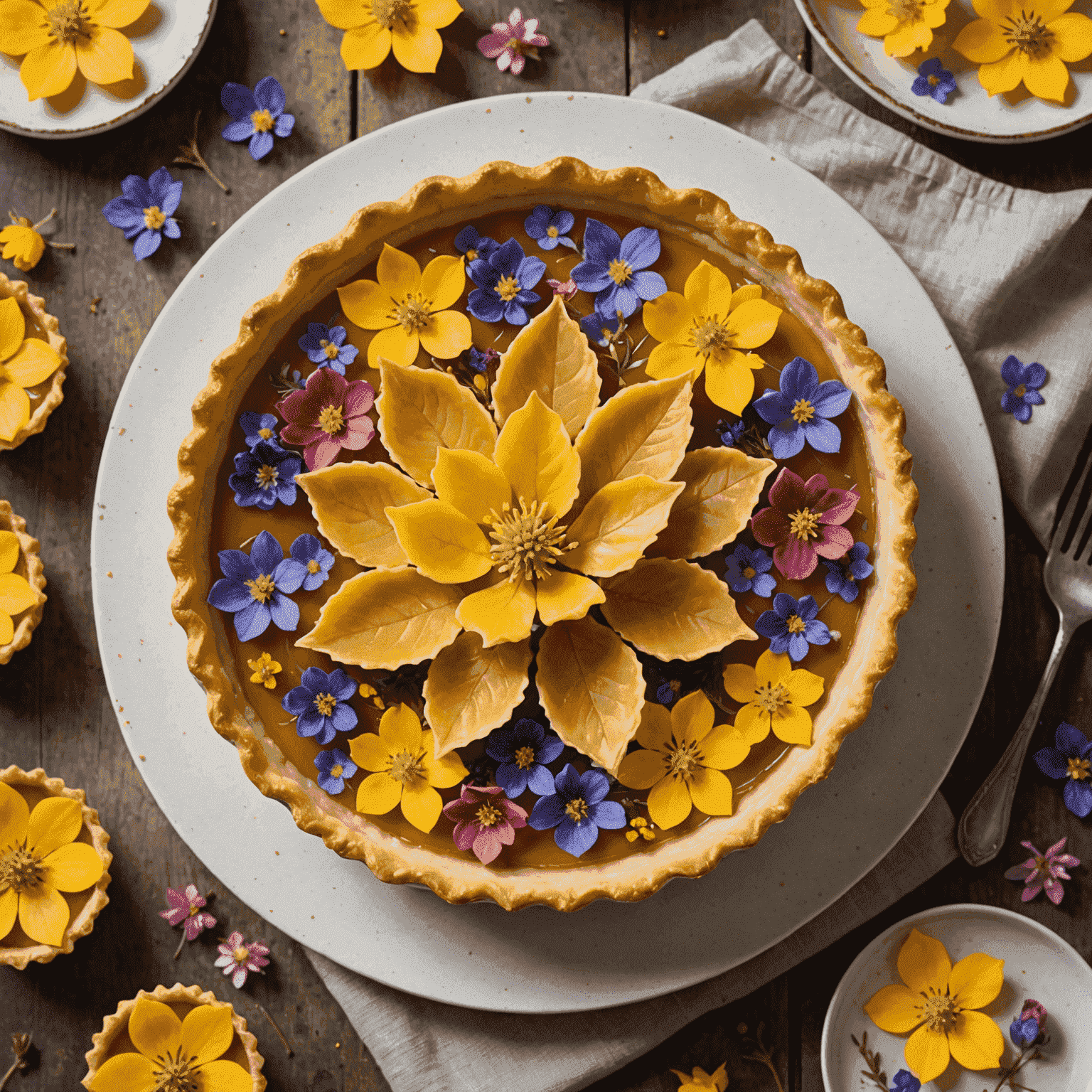 A delicate maple blossom tart with a crisp pastry shell filled with maple custard and topped with edible spring flowers