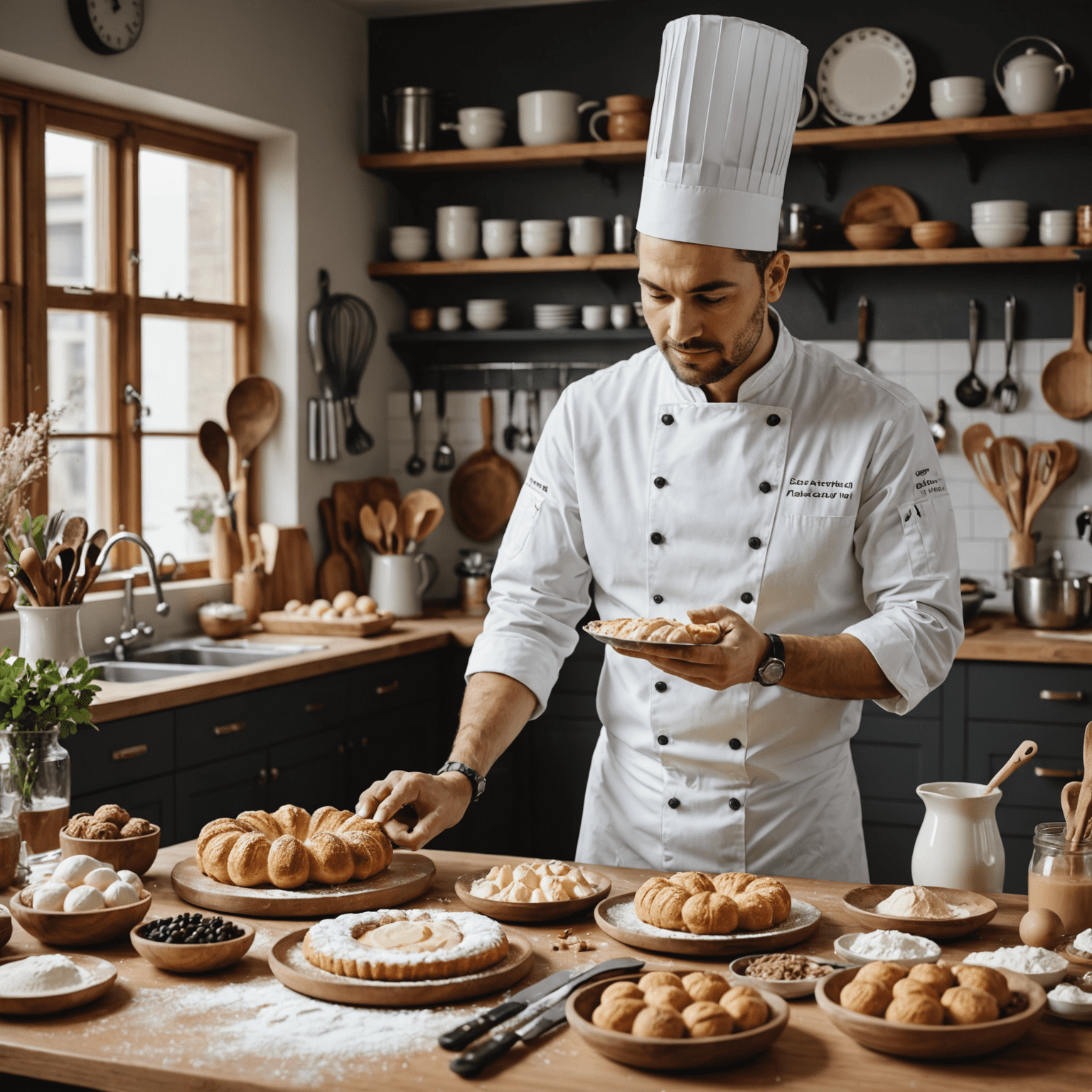 A professional pastry chef demonstrating baking techniques in a stylish kitchen, surrounded by various baking tools and ingredients