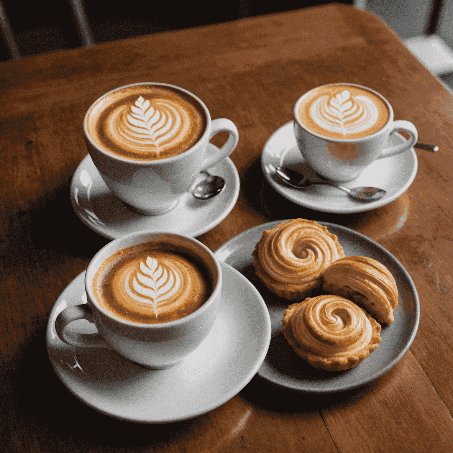 A close-up of a beautifully presented author's menu item, showcasing a unique pastry creation alongside a perfectly crafted latte