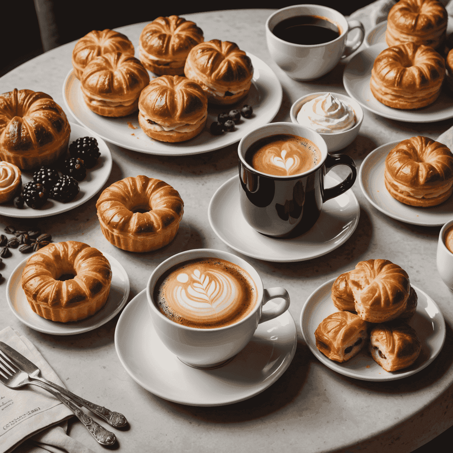 A stylish coffee cup next to a plate of assorted pastries, showcasing the perfect pairing of coffee and baked goods