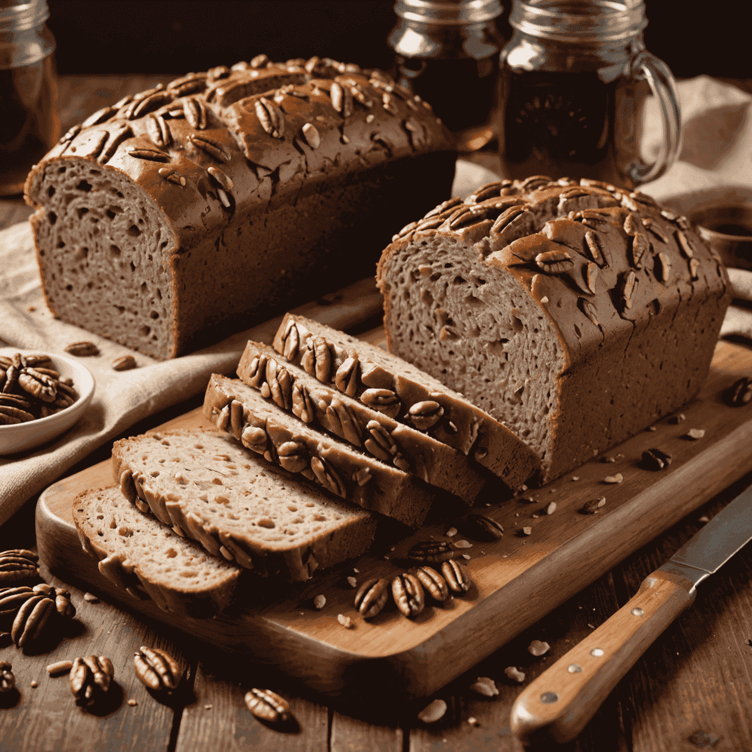 A sliced loaf of maple pecan whole wheat bread, showcasing a rich brown color with visible pecan pieces, placed on a rustic wooden board with a jar of maple syrup nearby