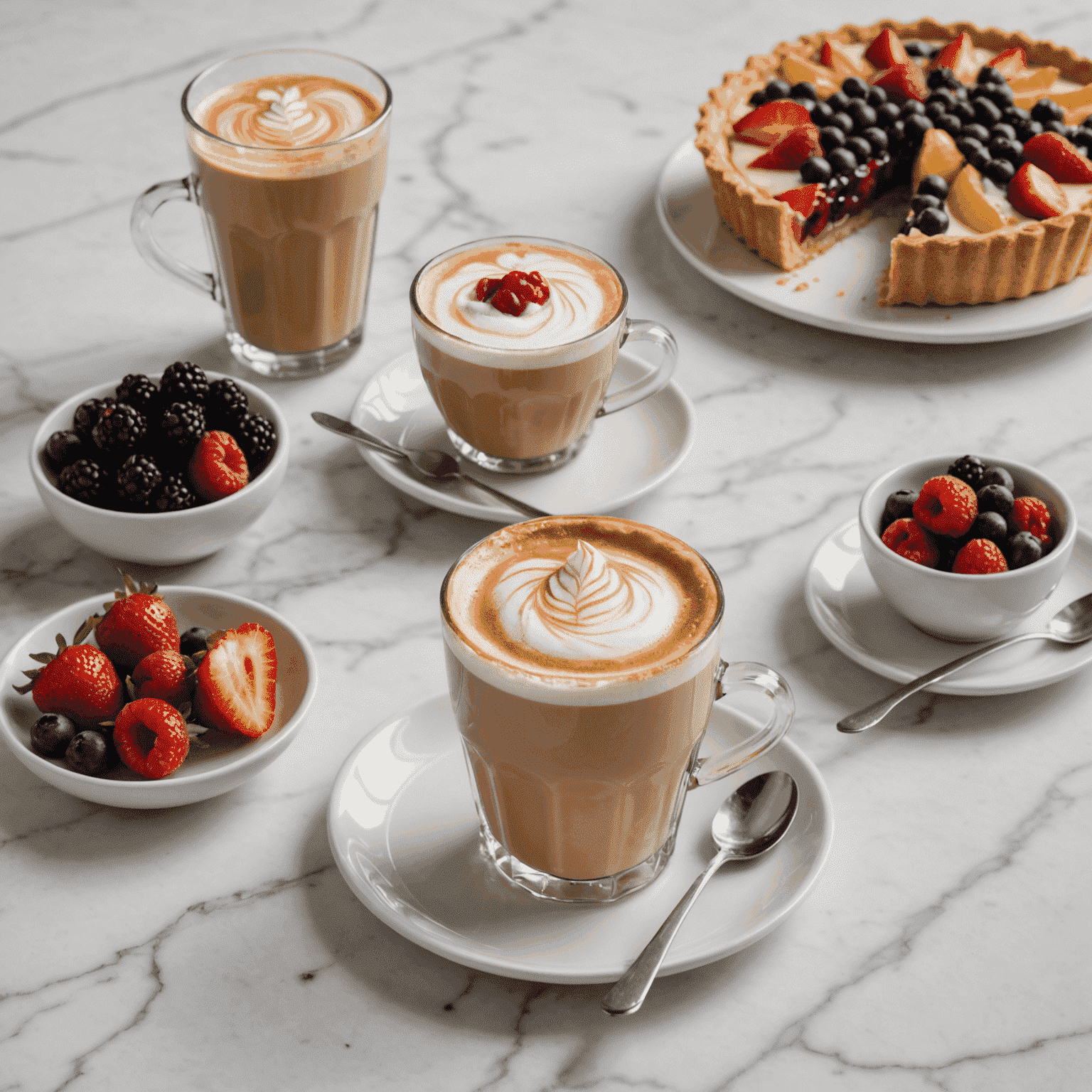 A latte in a clear glass next to a fruit tart with berries on a white marble counter