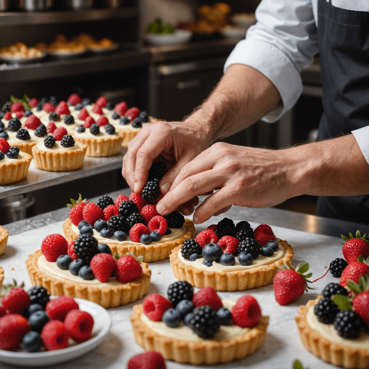 Close-up of a chef carefully arranging fresh, locally-sourced berries on top of a beautifully crafted pastry. The chef's hands are in focus, showing the precision and care in their work.