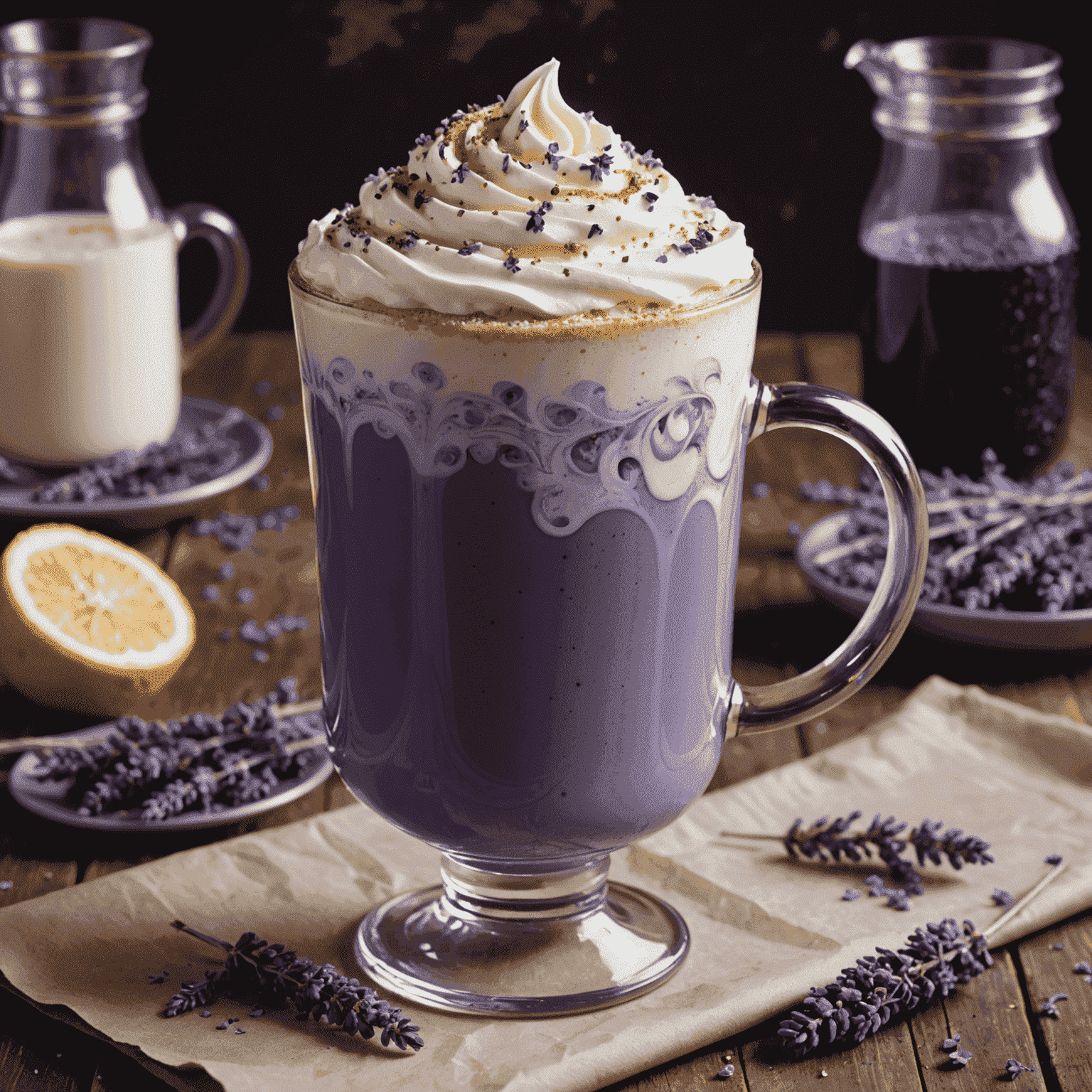 A frothy latte in a clear glass, swirled with vibrant purple lavender syrup and topped with a sprinkle of dried lavender buds