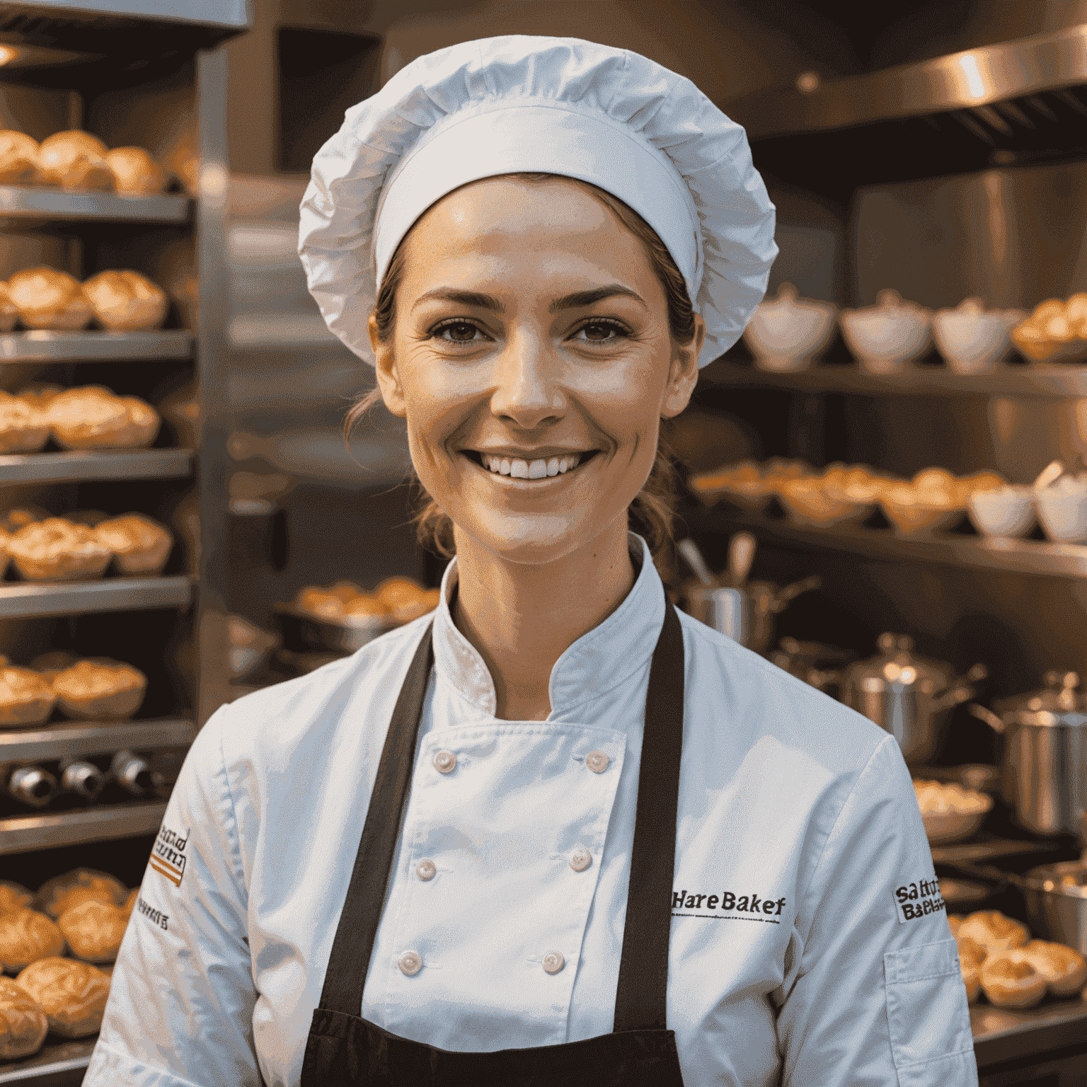 Portrait of Sarah, the head baker, smiling warmly in her chef's uniform