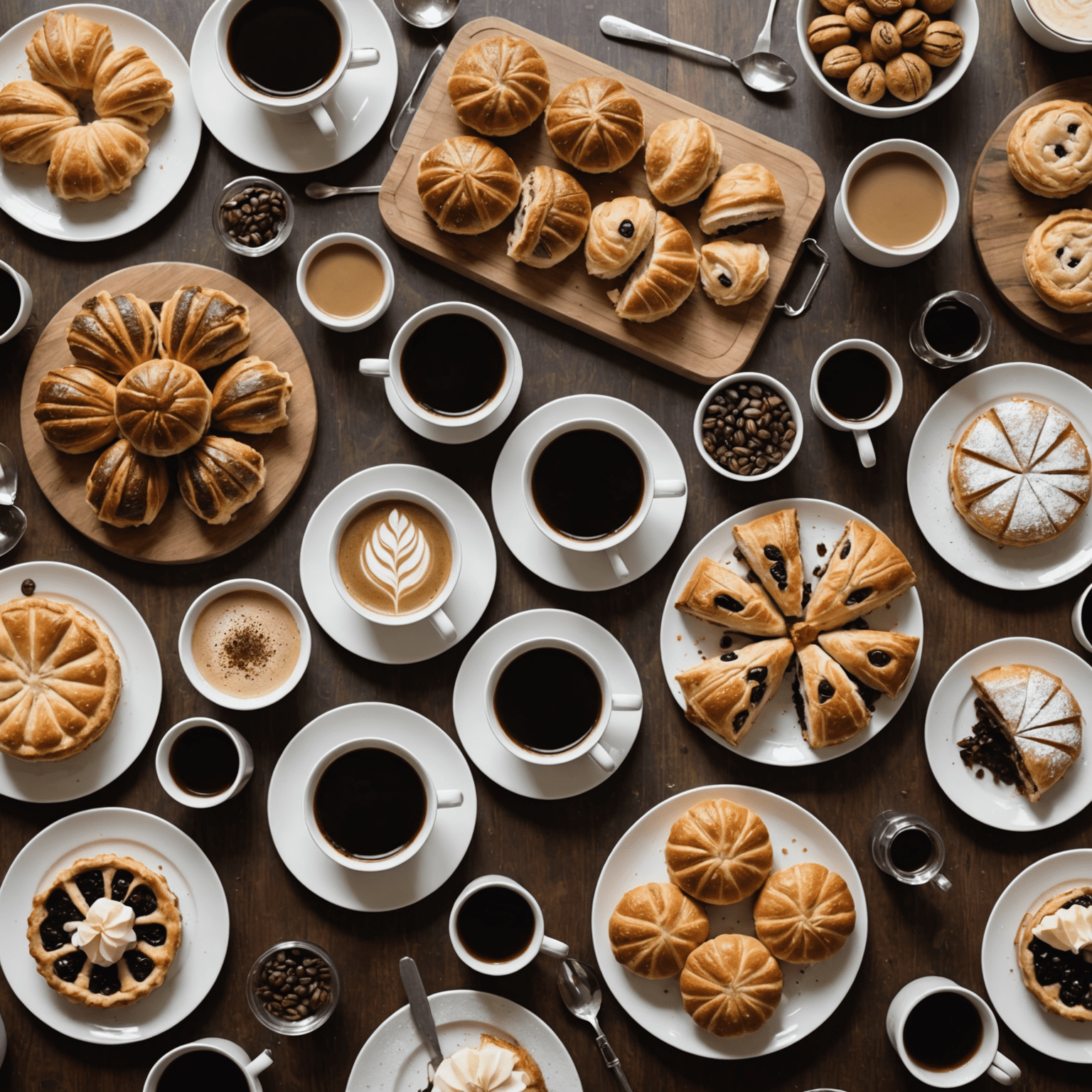 A beautifully arranged table with various coffee blends and freshly baked pastries, showcasing perfect pairings