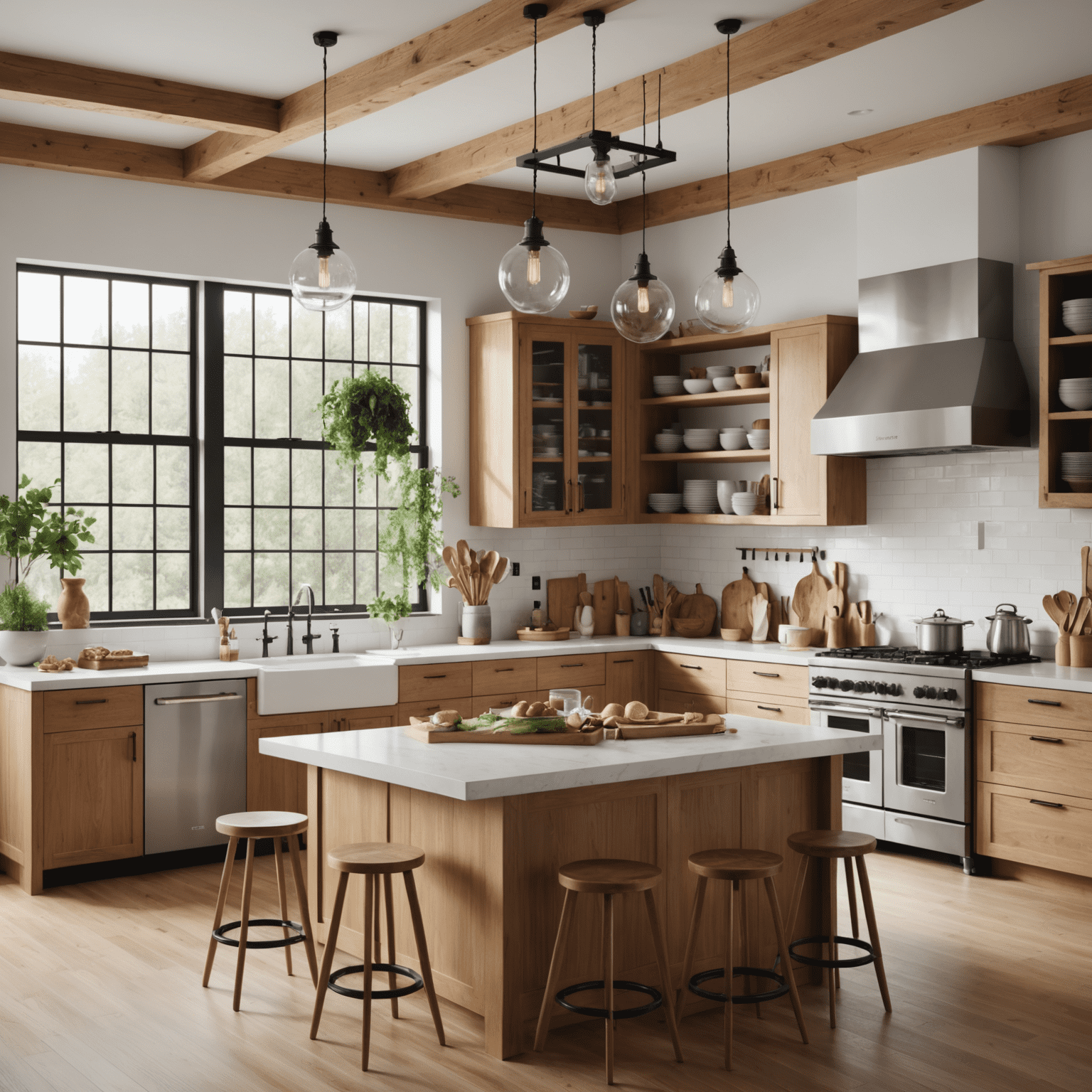 A modern, clean kitchen with Canadian-inspired decor, featuring bakers at work and locally-sourced ingredients