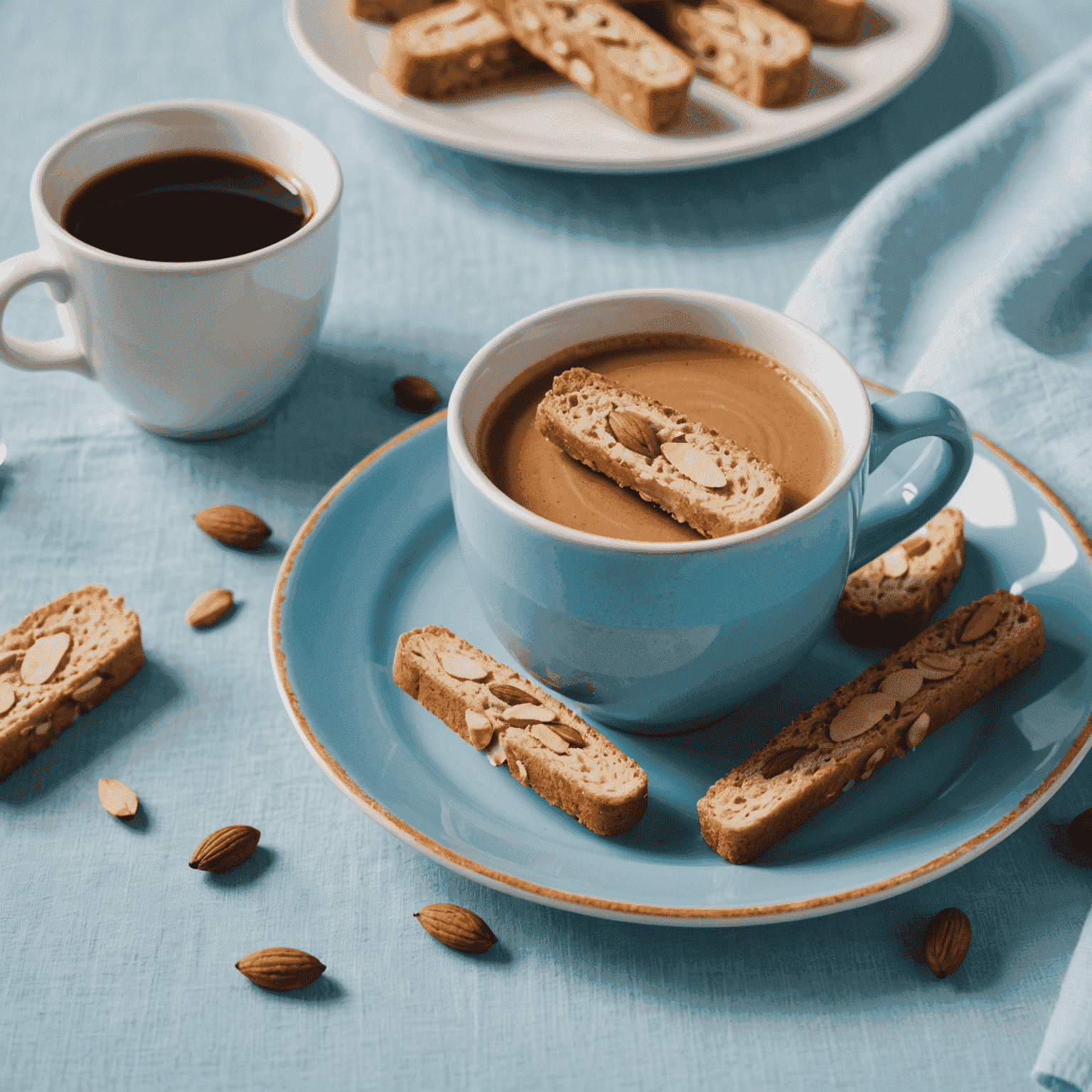 An espresso shot in a small cup next to a plate of almond biscotti on a light blue tablecloth