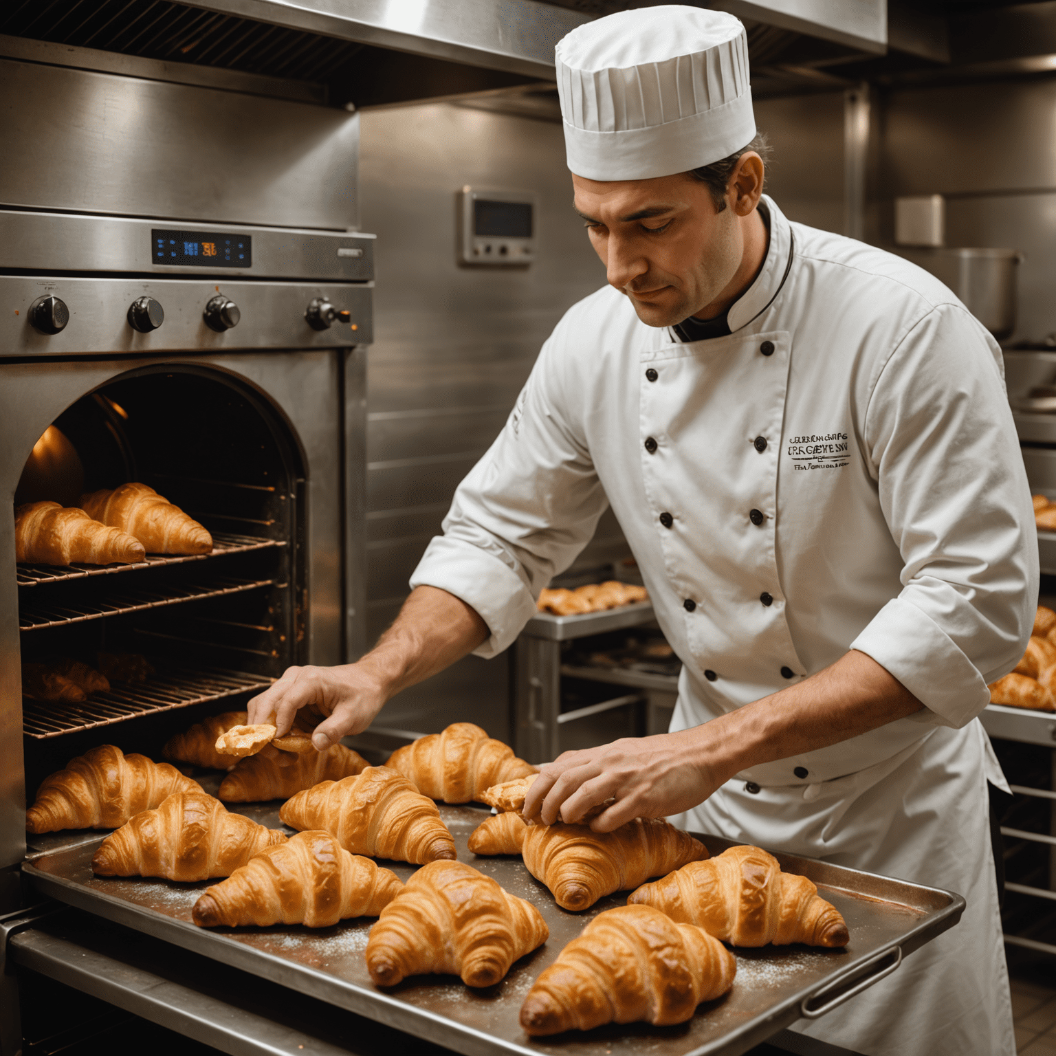 A baker pulling a tray of golden, perfectly baked croissants from a professional oven. Steam is rising from the pastries, and the baker's face shows pride and satisfaction.