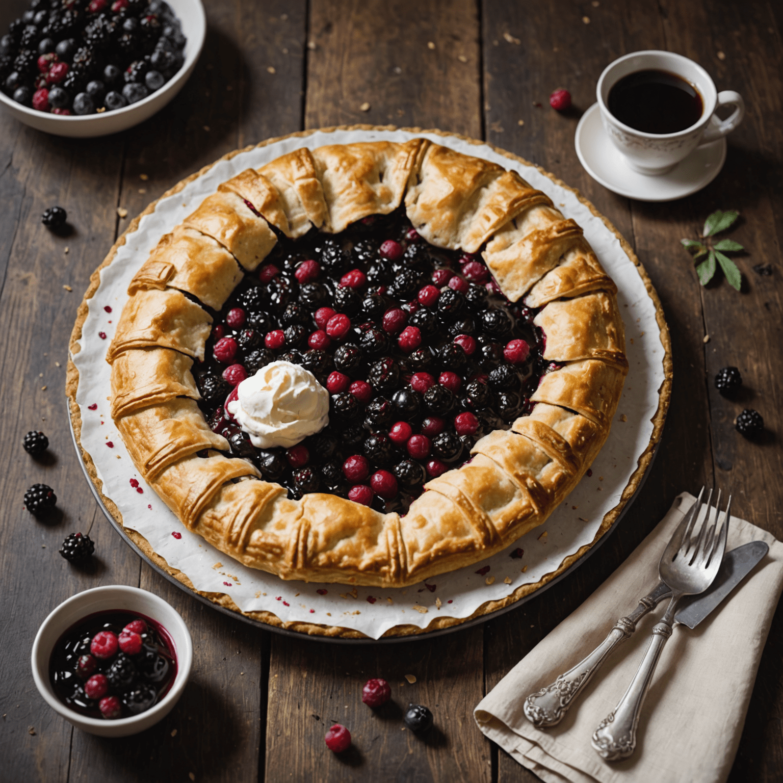 A rustic galette with a golden crust, filled with juicy saskatoon berries and a scoop of vanilla ice cream on the side