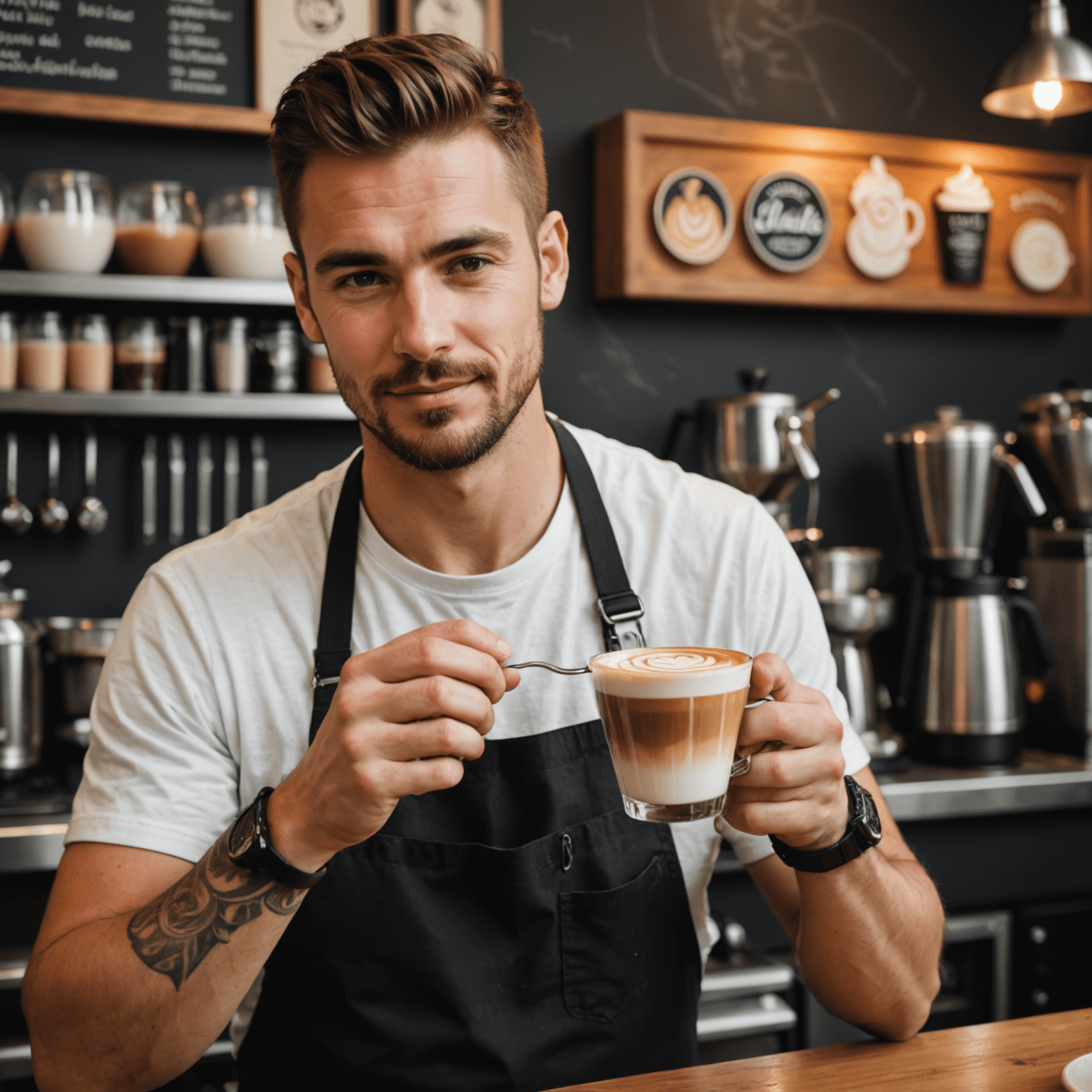 Portrait of Mike, the head barista, demonstrating latte art