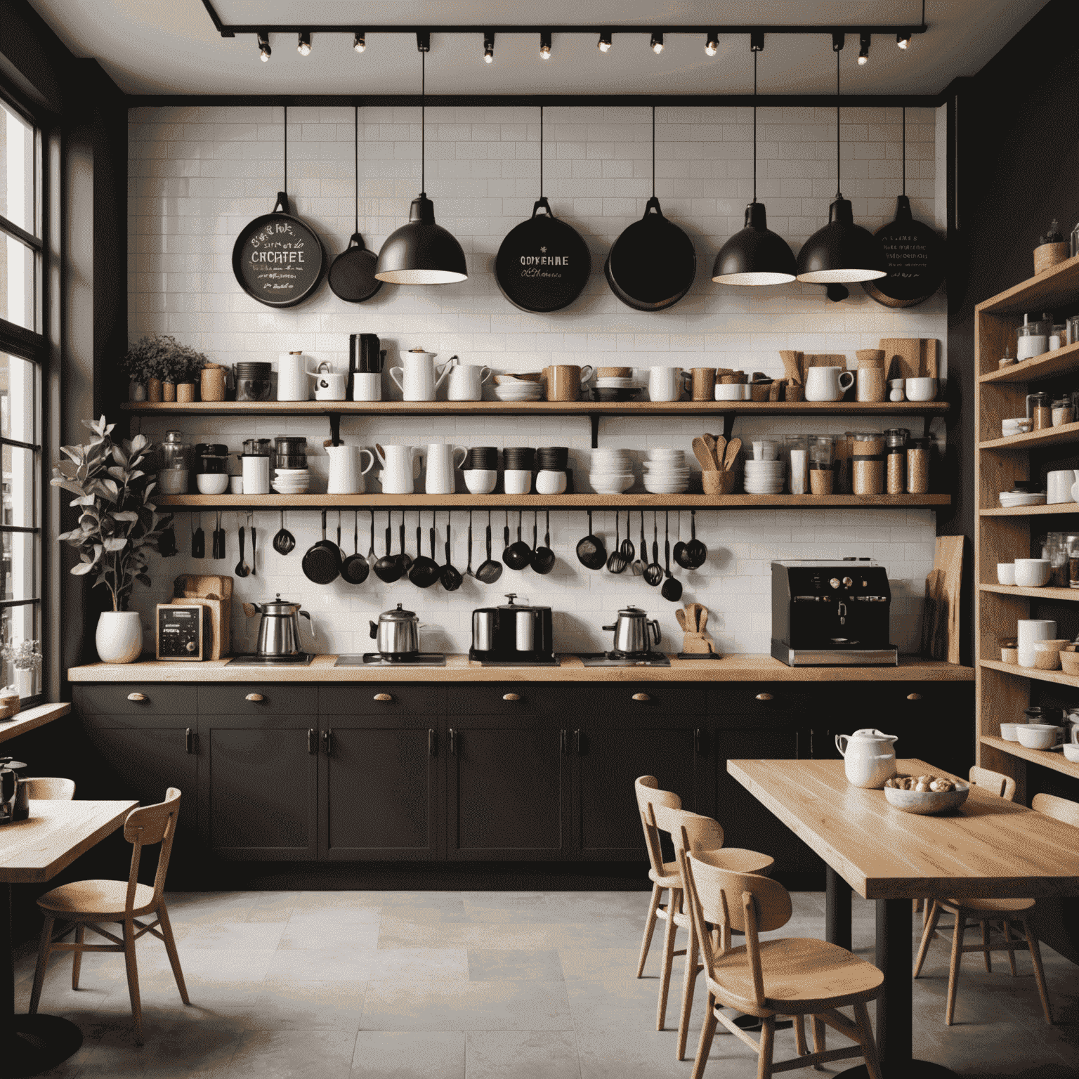 A modern, stylish coffee shop kitchen with Canadian-inspired decor, showcasing local ingredients and baking equipment