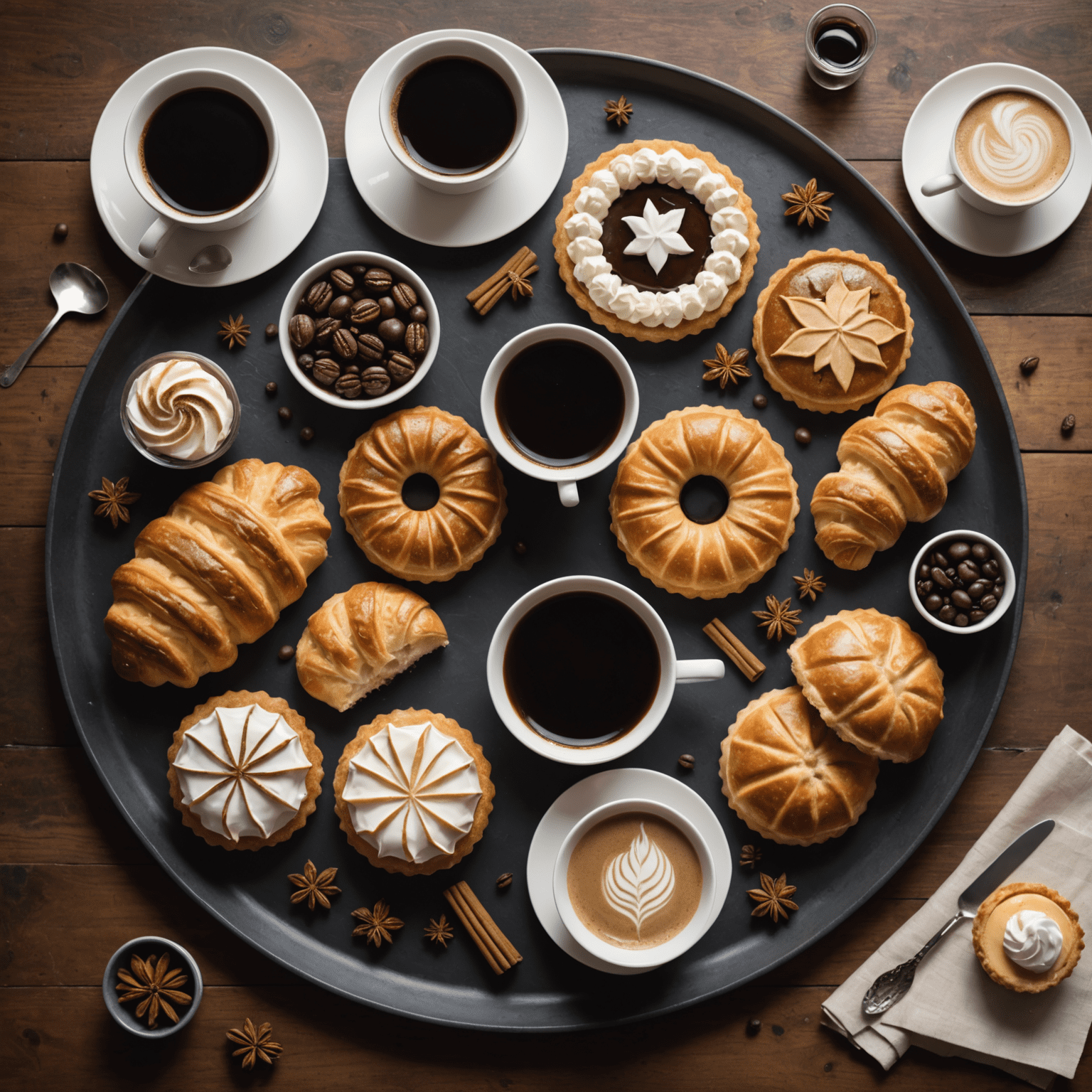 A beautifully presented seasonal pastry platter with Canadian-inspired flavors, accompanied by a specialty coffee drink