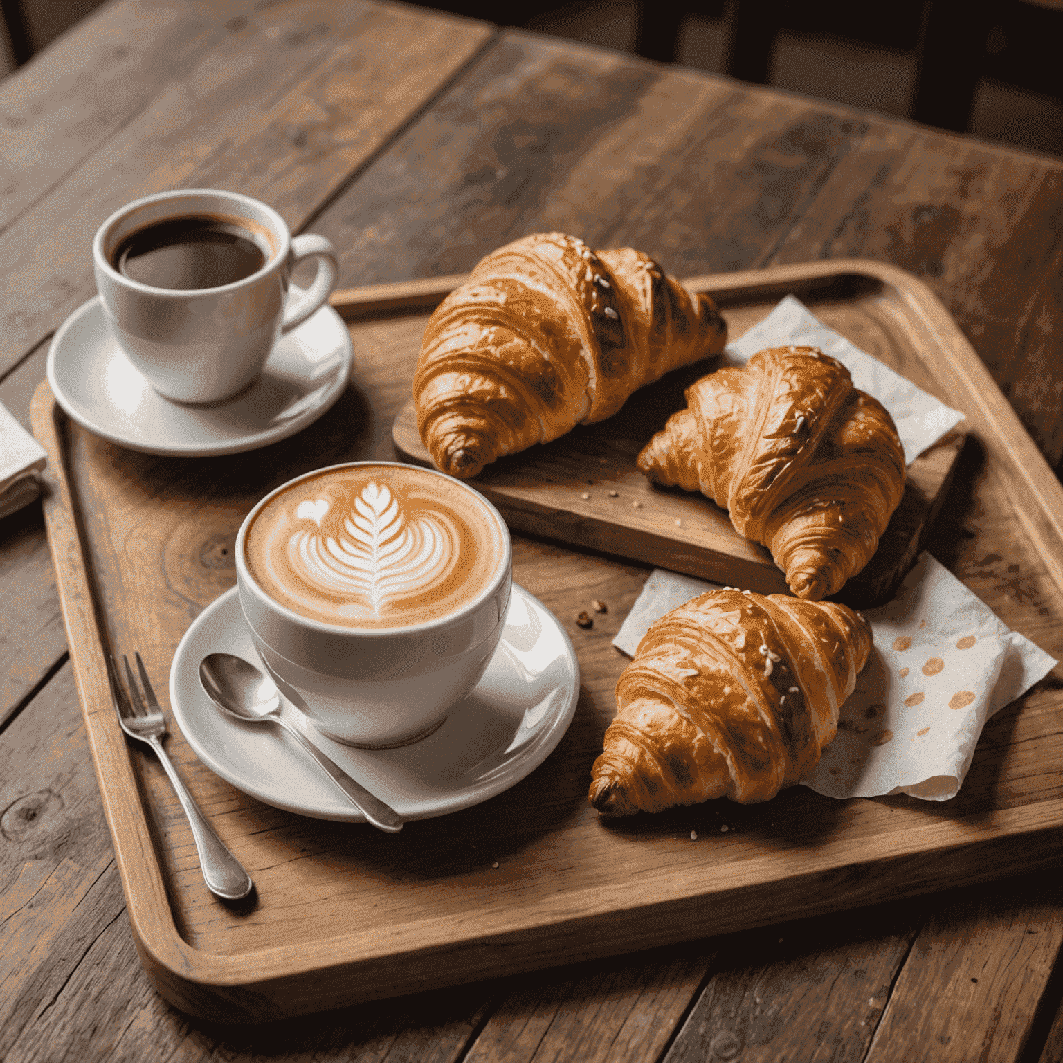 A cappuccino with latte art next to a croissant on a wooden tray