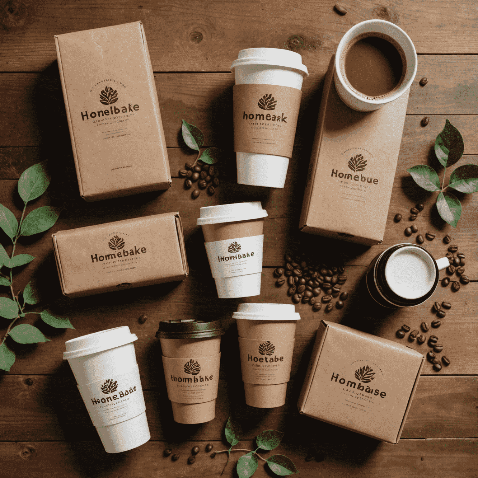 A collection of eco-friendly packaging materials and reusable coffee cups arranged on a wooden counter. The packaging features the Homebakehouse logo and earthy, natural colors.