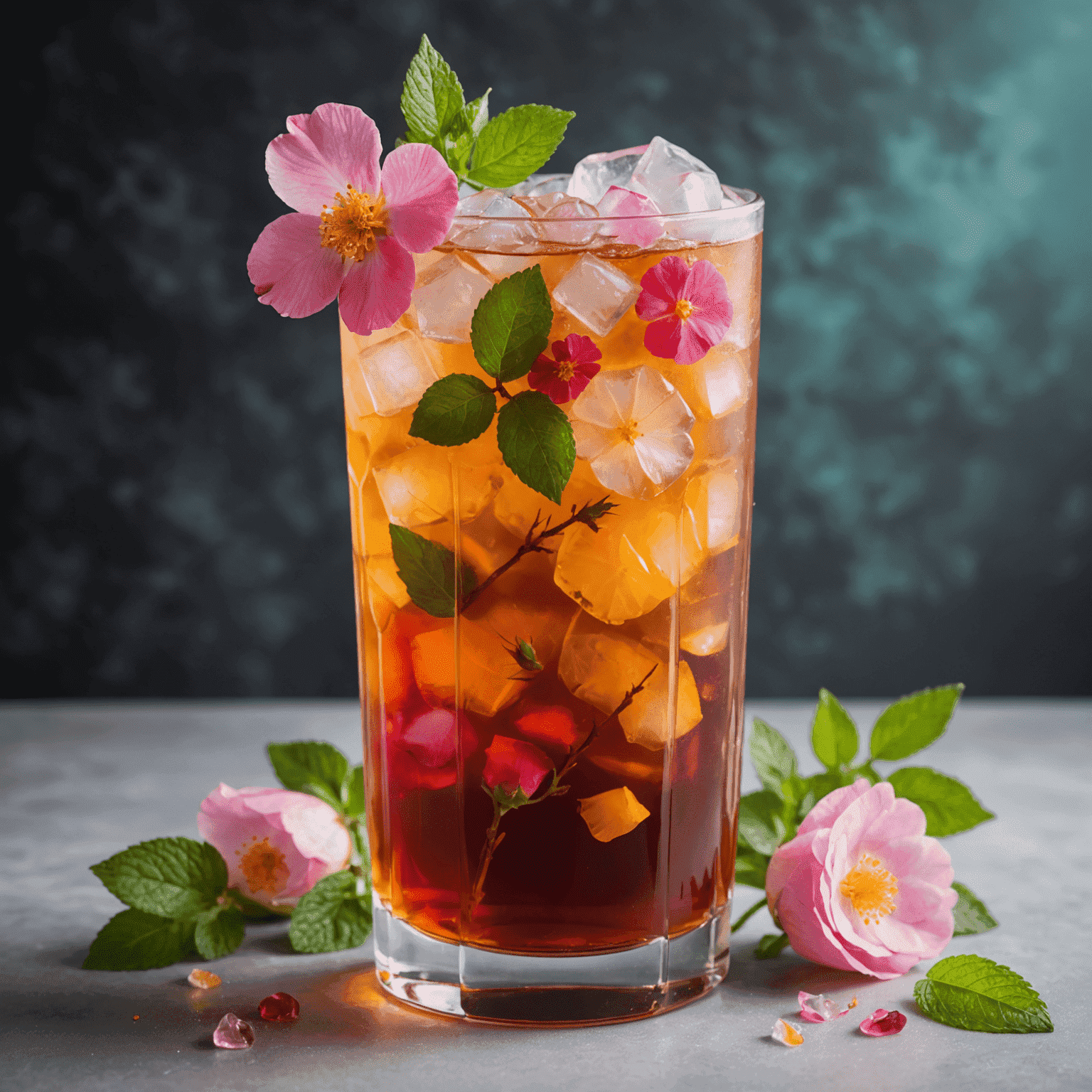 A tall glass of iced tea with a gradient of colors from amber to pink, garnished with fresh mint and wild rose petals