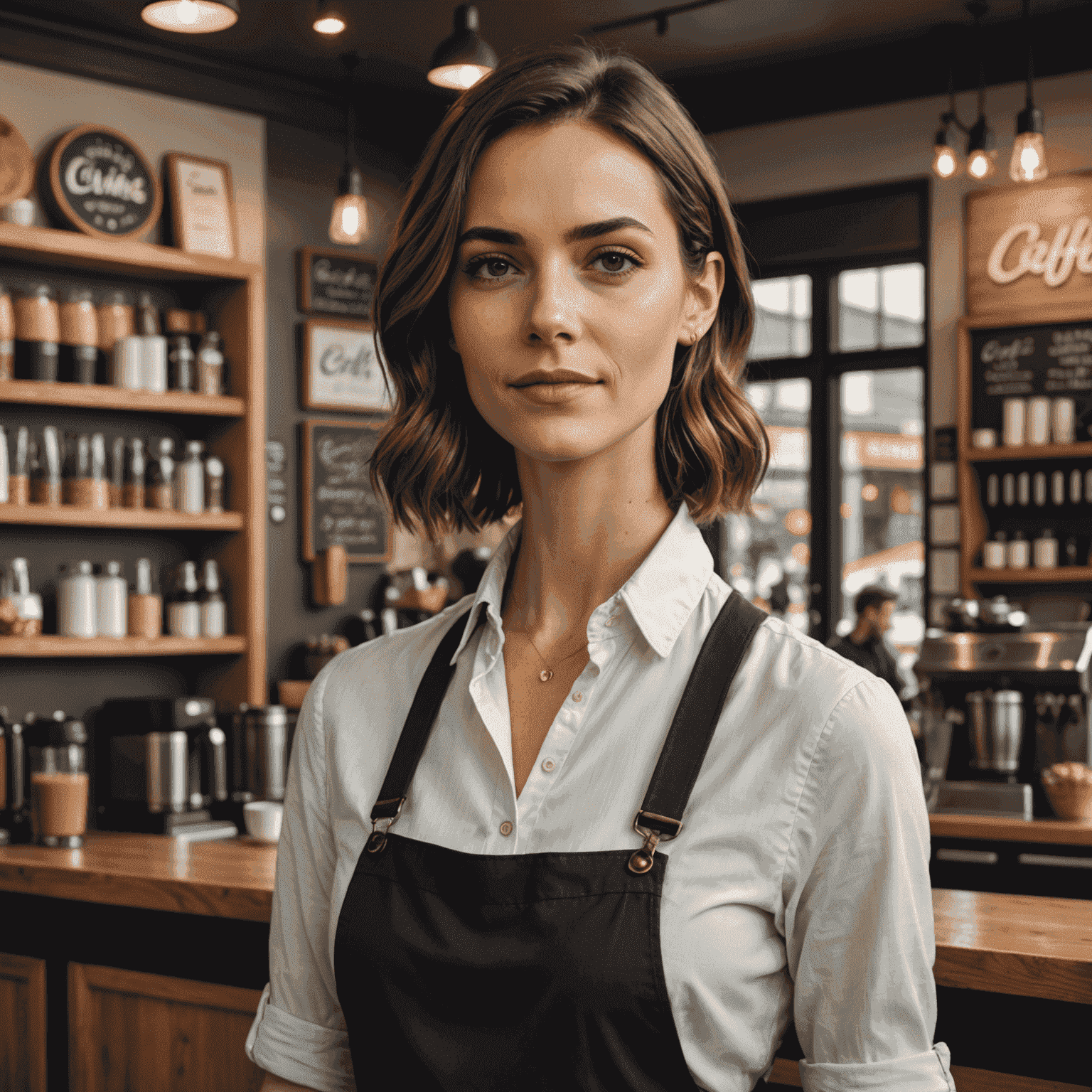 Portrait of Emma, the cafe manager, in a stylish outfit standing in front of the coffee shop