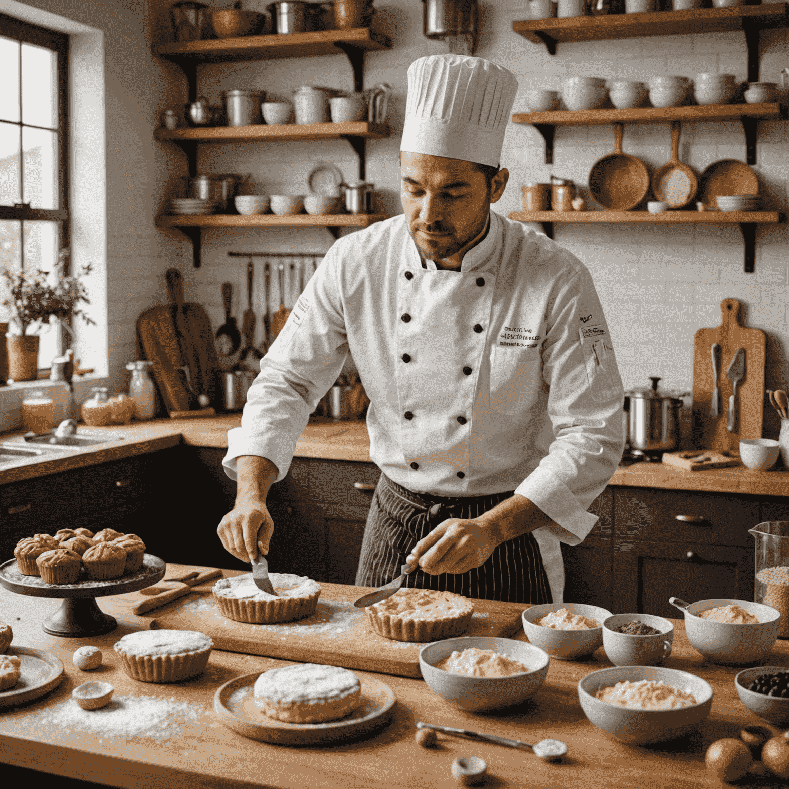 A professional pastry chef demonstrating baking techniques in a stylish kitchen, surrounded by baking tools and ingredients