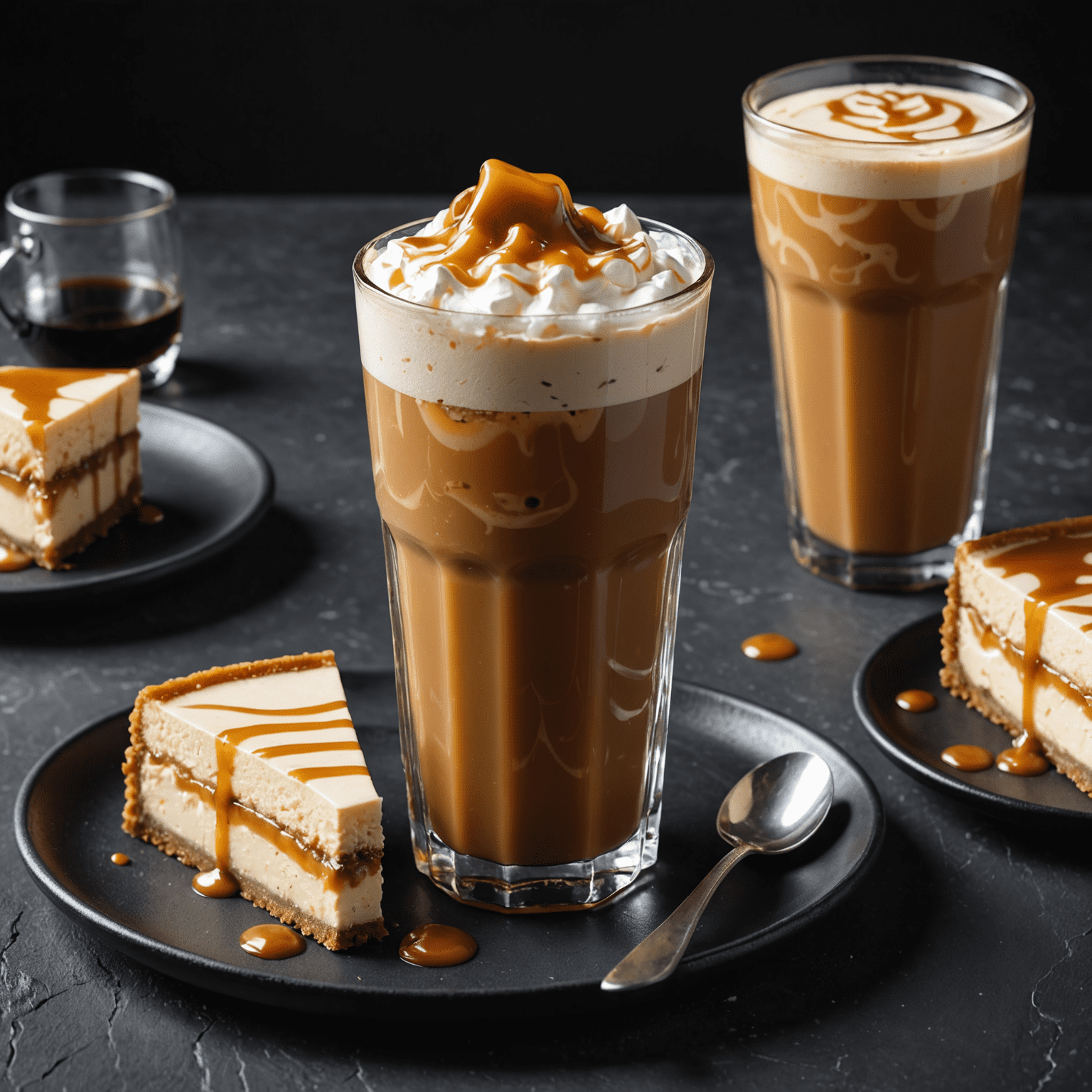 An iced caramel macchiato in a tall glass next to a slice of caramel cheesecake on a black slate plate