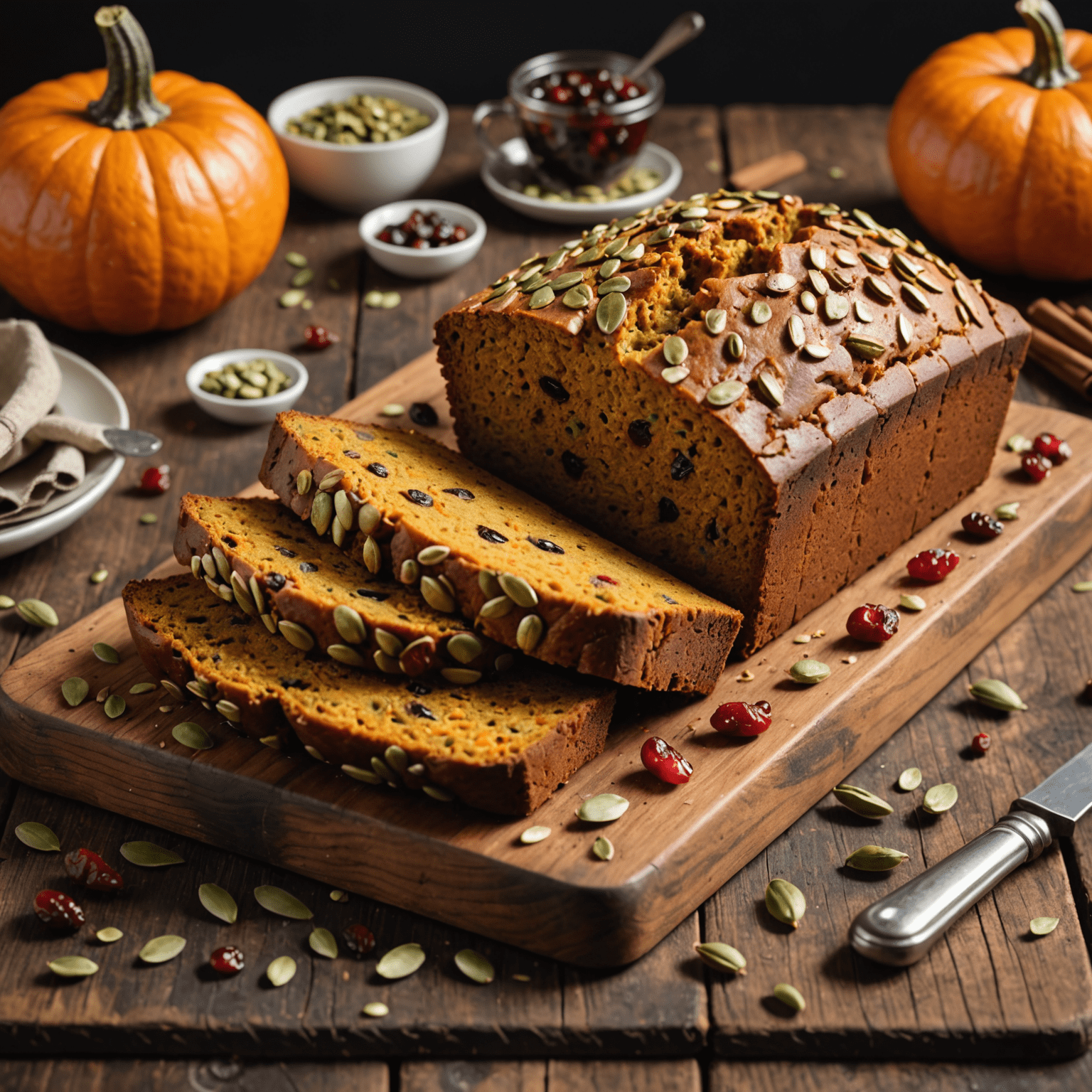 A slice of moist pumpkin bread studded with cranberries and pumpkin seeds, served on a rustic wooden board