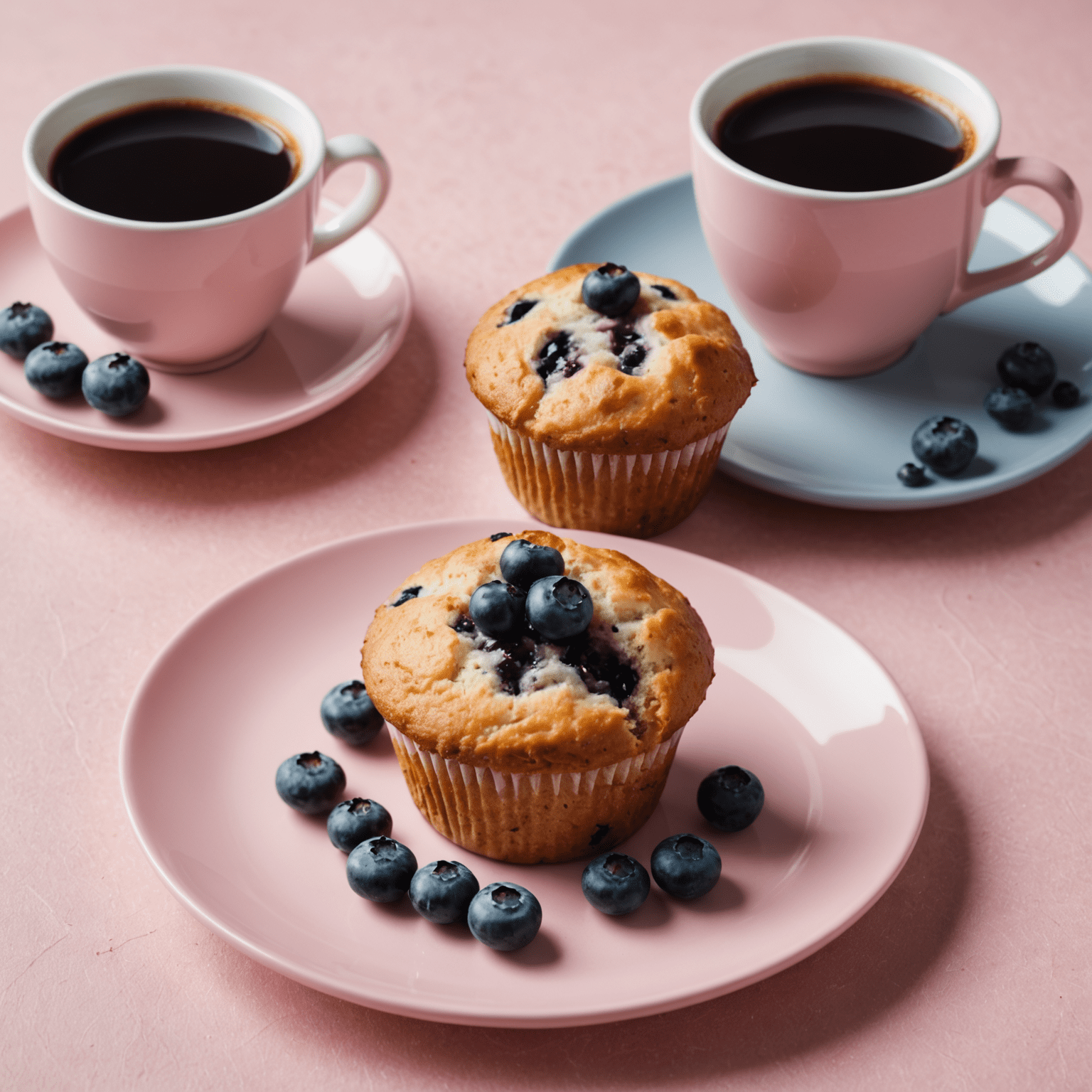 A cup of light roast coffee next to a blueberry muffin on a pastel pink plate