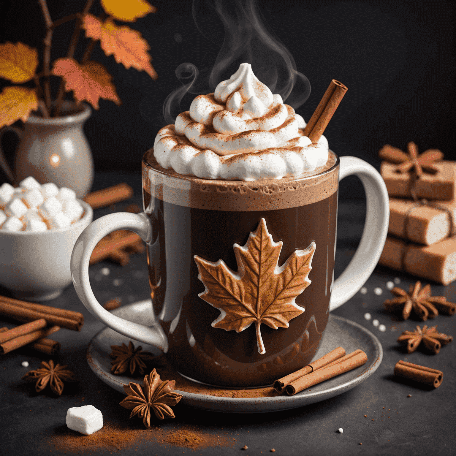 A steaming mug of dark hot chocolate topped with a maple leaf-shaped marshmallow and a dusting of cinnamon