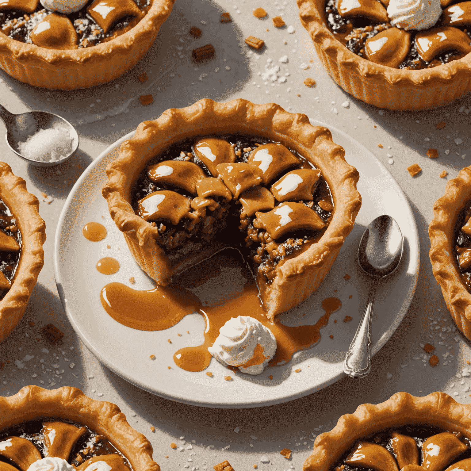 A flaky butter tart with a gooey center, topped with a sprinkle of sea salt and served alongside a scoop of vanilla ice cream