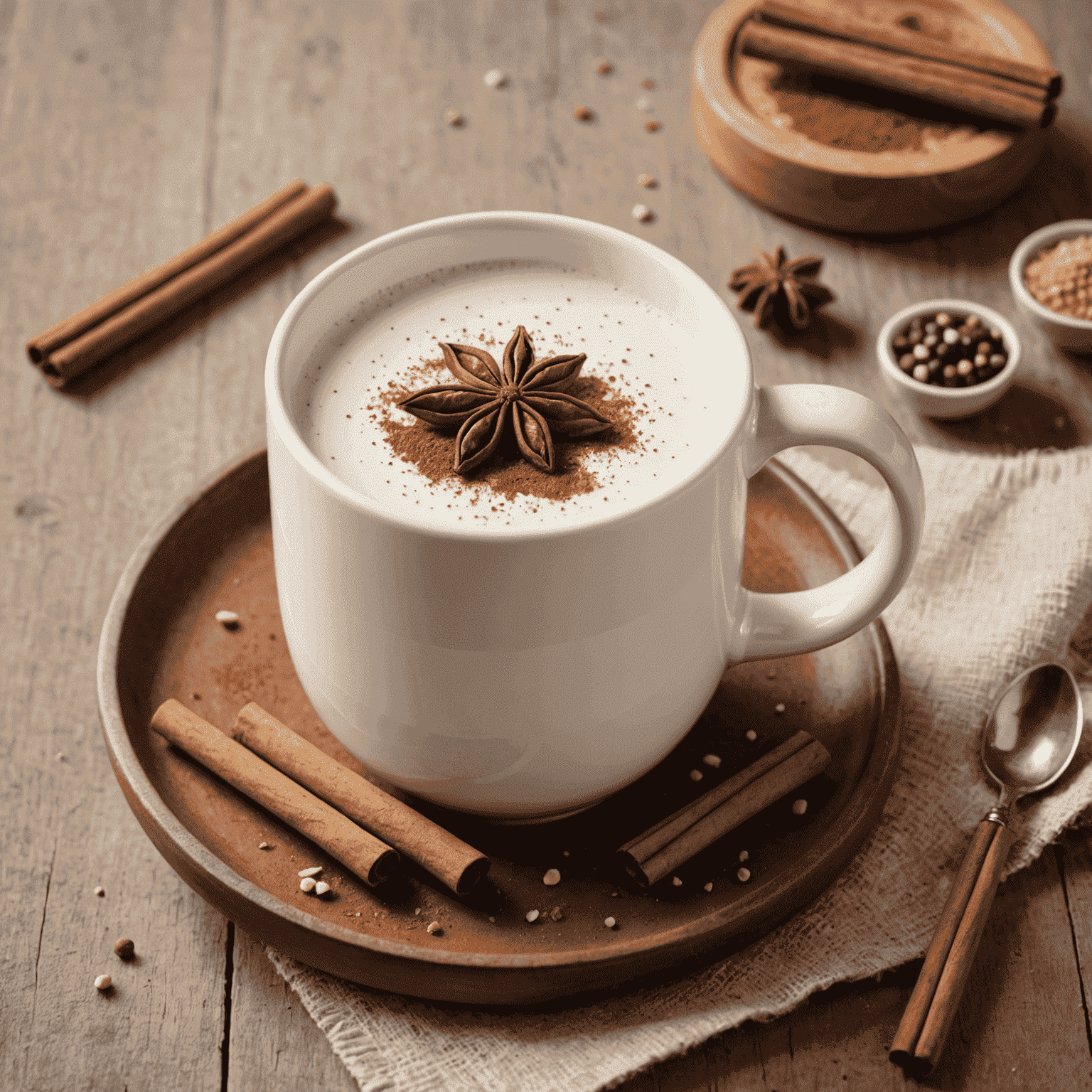 A ceramic mug filled with a creamy white drink, topped with a sprinkle of nutmeg and cinnamon, with a cinnamon stick garnish